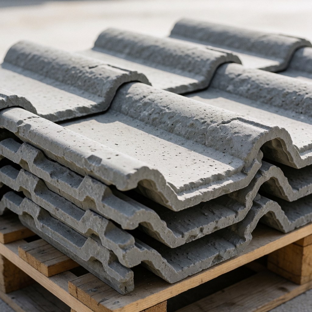 Des tuiles en béton interlockées sont empilées sur une palette en bois, révélant une texture rugueuse et des détails visibles sous une lumière diffuse, idéales pour la construction et le design architectural.