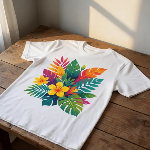 Un t-shirt blanc orné d'un imprimé de feuilles tropicales et de fleurs jaunes posé sur une table en bois rustique éclairée par une lumière naturelle douce.