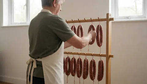 Un professionnel en tablier dispose des saucisses sur une étagère en bois dans une pièce aux murs blancs baignée de lumière naturelle.
