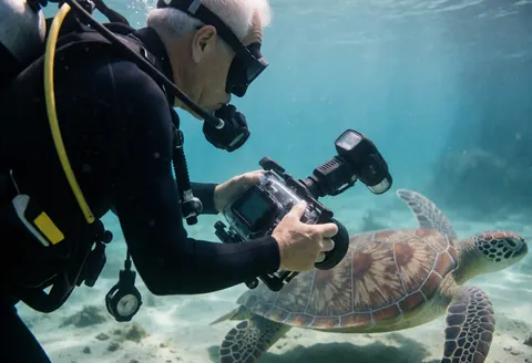 Un photographe sous-marin professionnel filme une tortue marine dans son habitat naturel, la lumière du soleil filtrant à travers l'eau claire.