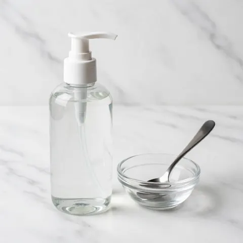 Bouteille transparente avec pompe blanche contenant du gel d'aloe vera, posée à côté d'un bol en verre avec une cuillère métallique sur une surface en marbre blanc poli.