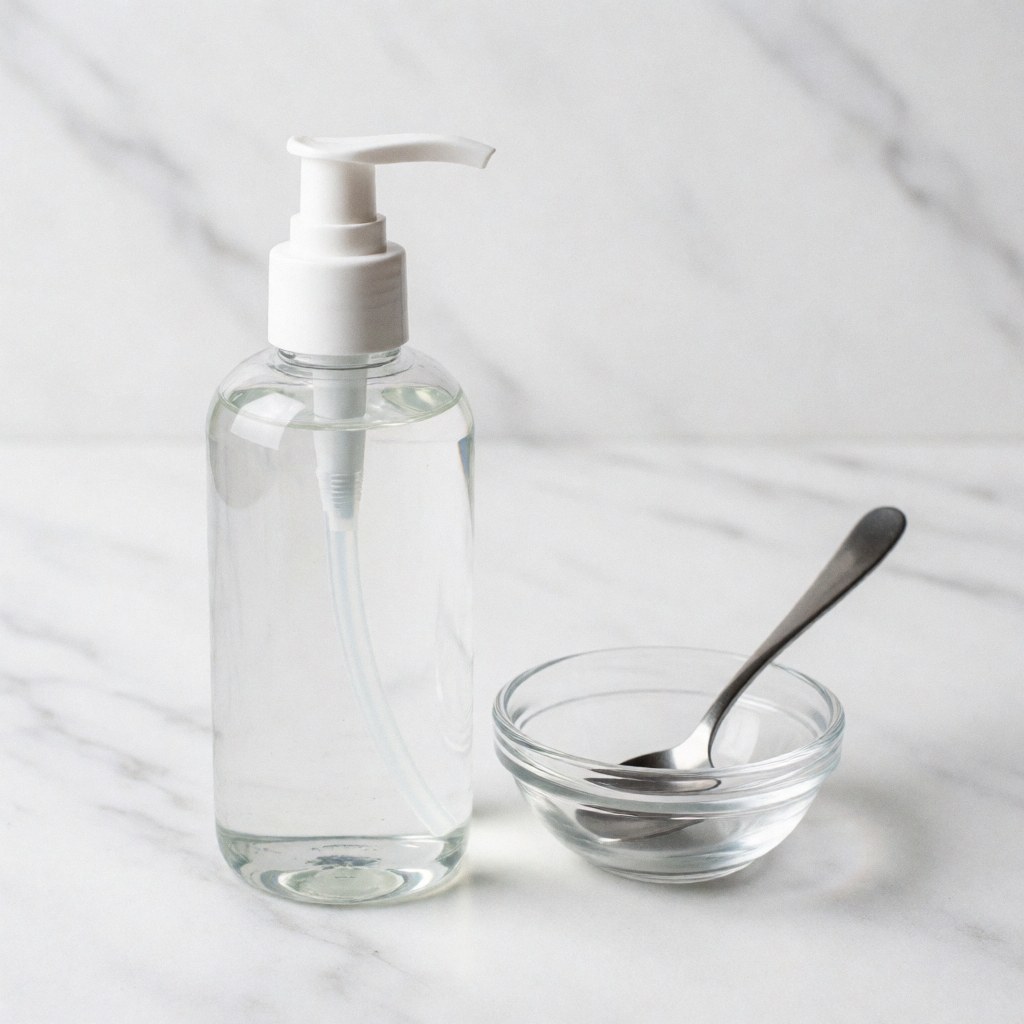 Bouteille transparente avec pompe blanche contenant du gel d'aloe vera, posée à côté d'un bol en verre avec une cuillère métallique sur une surface en marbre blanc poli.