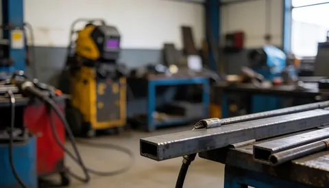 Des tubes métalliques en acier posés sur une table de travail dans un atelier industriel avec du matériel de soudure en arrière-plan et un fond flou.