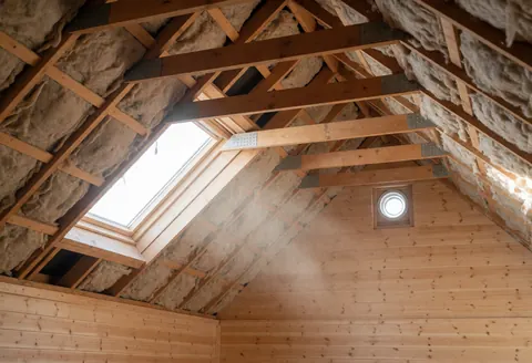 Espace de plafond en cours de construction montrant des poutres en bois apparentes, une isolation en fibre et deux fenêtres de toit laissant entrer la lumière naturelle.