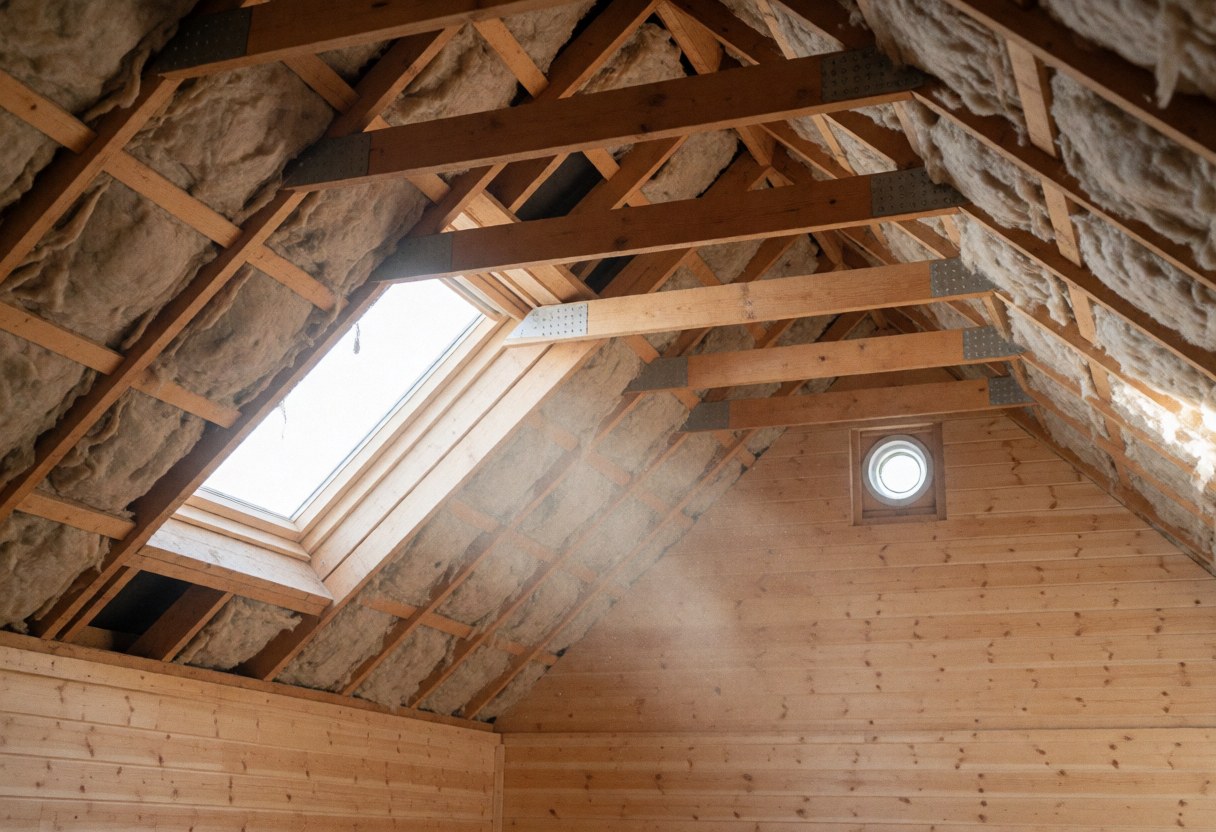 Espace de plafond en cours de construction montrant des poutres en bois apparentes, une isolation en fibre et deux fenêtres de toit laissant entrer la lumière naturelle.