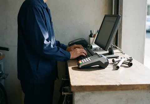 Mécanicien de vélo utilisant un terminal de paiement et un ordinateur dans une pièce avec des outils et de la lumière naturelle.