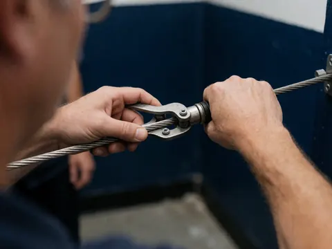 Gros plan d'une main utilisant un outil spécialisé pour ajuster un câble métallique sur fond bleu sombre, mettant en évidence le travail technique de précision.