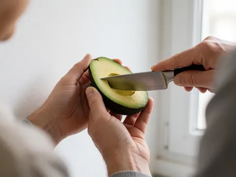 Des mains coupent un avocat mûr sur une surface blanche avec un couteau en acier inoxydable, mettant en valeur la texture crémeuse sous une lumière naturelle.
