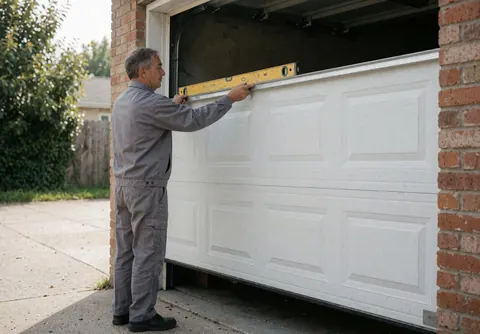 Un technicien en uniforme gris pose un panneau blanc de porte de garage en utilisant un niveau pour l'alignement dans un garage avec mur en briques et sol en béton.