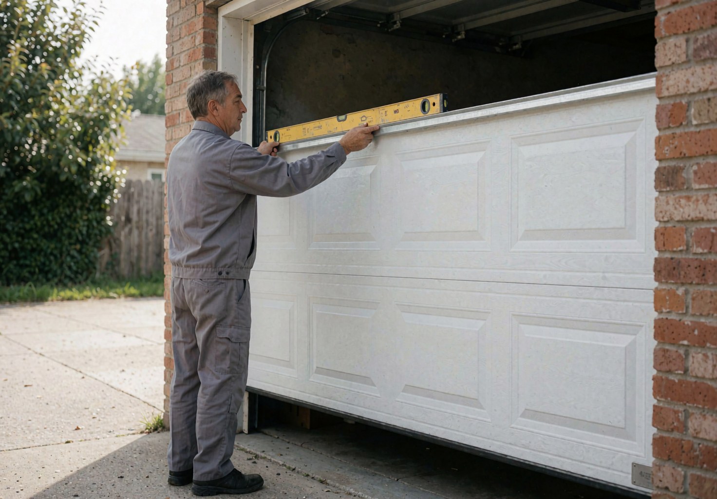 Un technicien en uniforme gris pose un panneau blanc de porte de garage en utilisant un niveau pour l'alignement dans un garage avec mur en briques et sol en béton.
