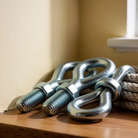 Ancres métalliques et corde de sécurité posées sur une surface en bois, éclairées par une lumière douce qui met en valeur leur texture industrielle.