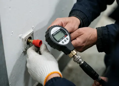 Technicien en gant blanc vérifie la pression des pneus avec un manomètre digital près d'une valve rouge sur un camping-car.