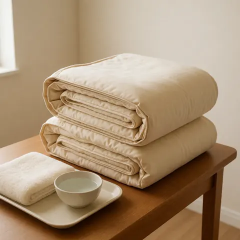 Futons beiges pliés, serviette et tasse d'eau sur table en bois, lumière naturelle, ambiance propre et professionnelle pour traitement du dos.