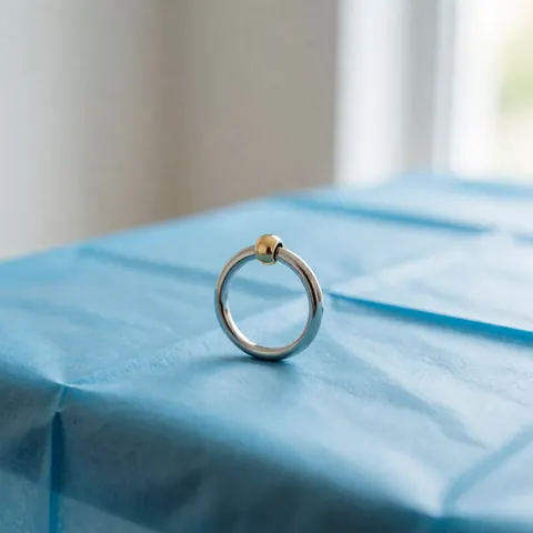 Anneau de piercing en platinoir avec bille dorée posé sur un tissu stérile bleu dans un studio de piercing, éclairage naturel, surface polie et réfléchissante.