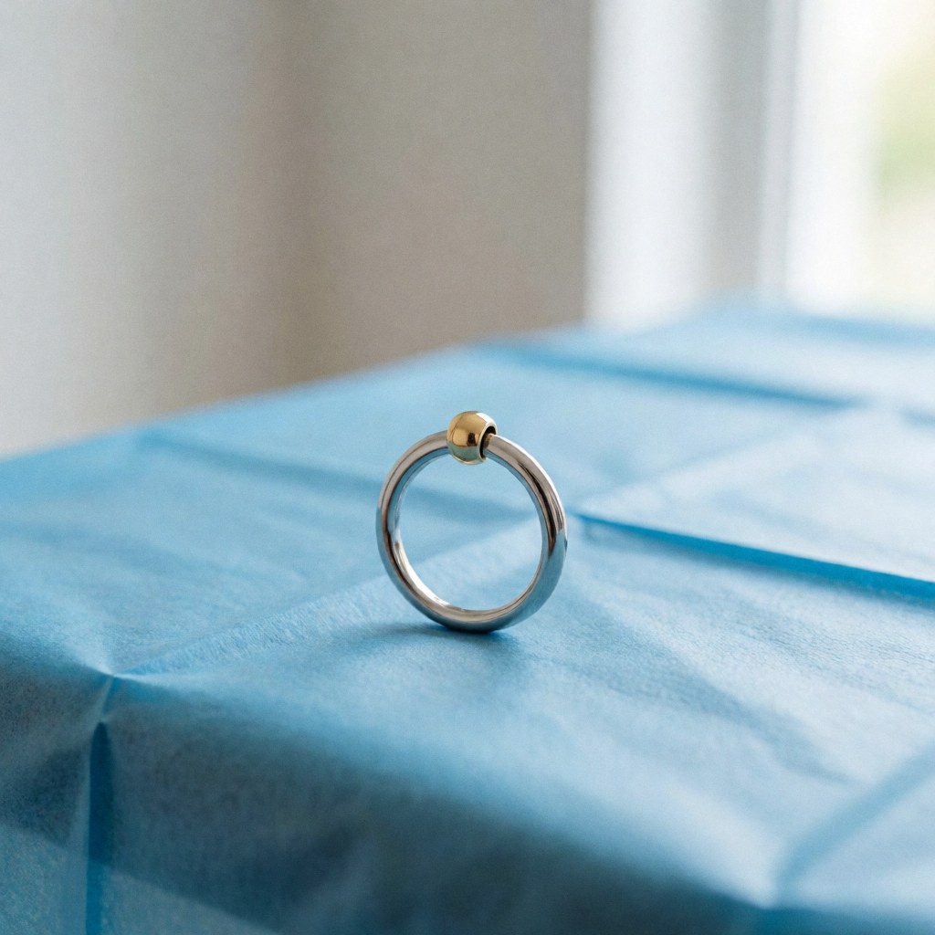 Anneau de piercing en platinoir avec bille dorée posé sur un tissu stérile bleu dans un studio de piercing, éclairage naturel, surface polie et réfléchissante.