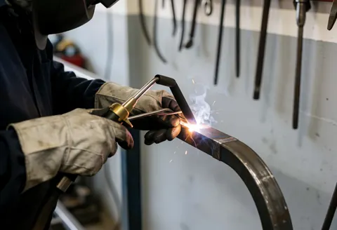 Un soudeur professionnel équipé d'un casque et de gants en cuir réalise une soudure sur une barre métallique courbe dans un atelier industriel.