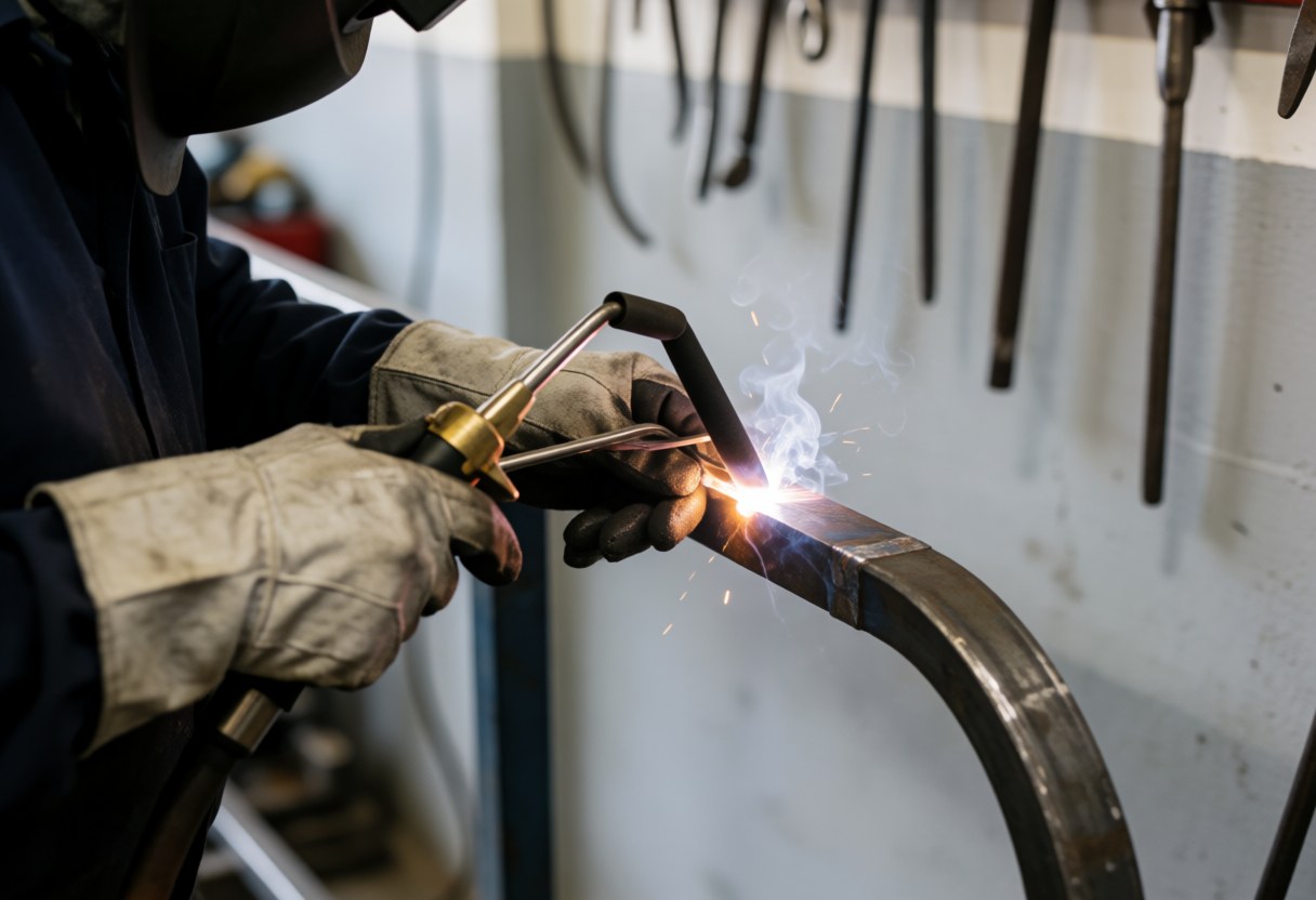 Un soudeur professionnel équipé d'un casque et de gants en cuir réalise une soudure sur une barre métallique courbe dans un atelier industriel.