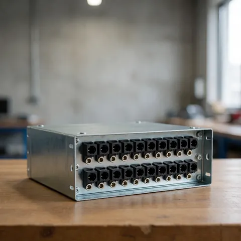 Boîtier métallique contenant plusieurs bornes pour câbles DC destiné aux caméras de surveillance, posé sur une table en bois dans un atelier aux murs en béton.