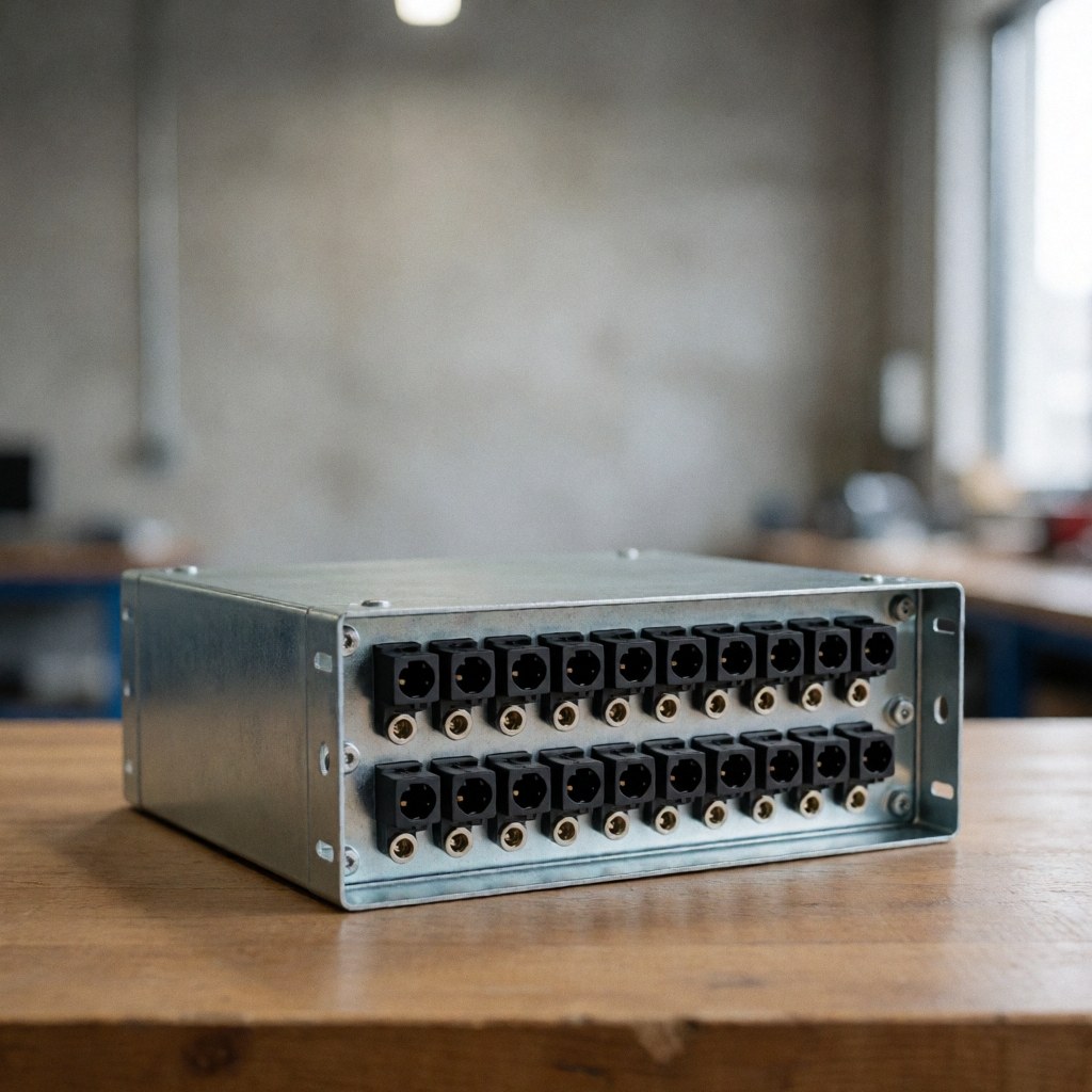 Boîtier métallique contenant plusieurs bornes pour câbles DC destiné aux caméras de surveillance, posé sur une table en bois dans un atelier aux murs en béton.