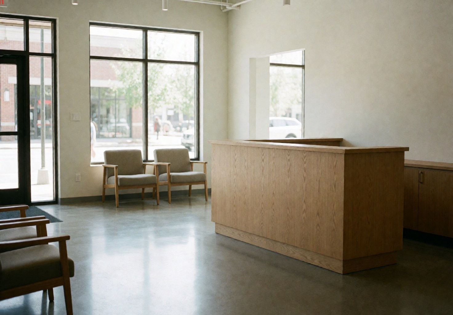 Intérieur moderne d'une auberge affichant un bureau en bois clair, des chaises d'attente et de grandes fenêtres laissant entrer la lumière naturelle dans un espace minimaliste.