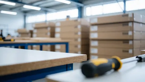 Fond d'atelier avec des caisses de meubles empilées et des outils sur une table de travail, éclairage professionnel et environnement ordonné pour textes.