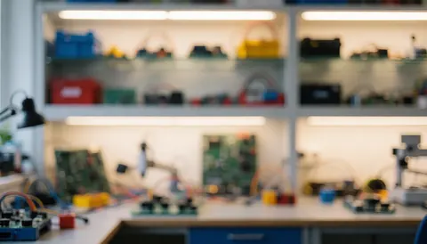 Fond désaturé d'un laboratoire de robotique avec étagères de composants électroniques et circuits sur des tables de travail, éclairage chaud et professionnel.