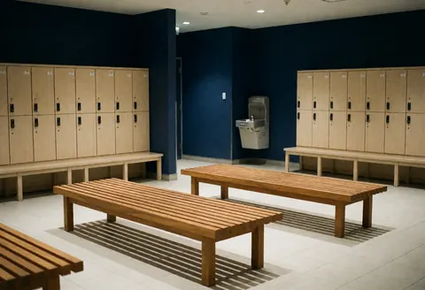 Zone de repos équipée de bancs en bois, de casiers individuels et d'un point d'eau, sur fond de murs bleus avec une lumière douce et un intérieur épuré.