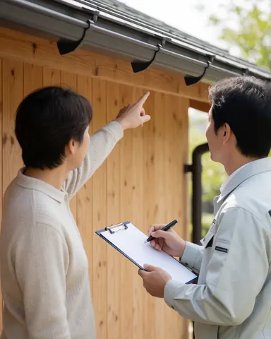 Une cliente pointe du doigt une gouttière nettoyée tandis qu'un technicien prend des notes sur un bloc, devant un mur en bois sous la lumière naturelle.