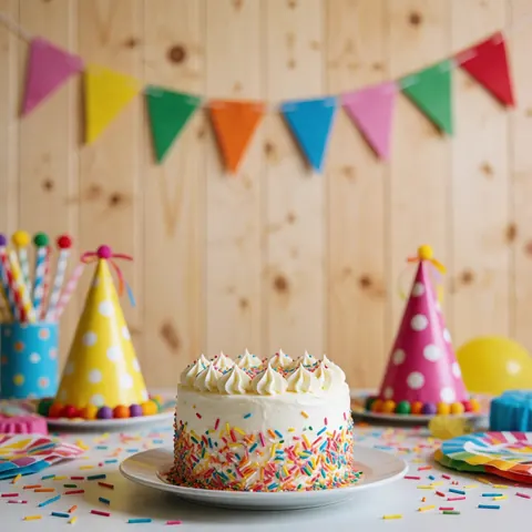 Un gâteau d'anniversaire aux tons pastels posé sur une surface en bois, orné de confettis et de guirlandes festives.
