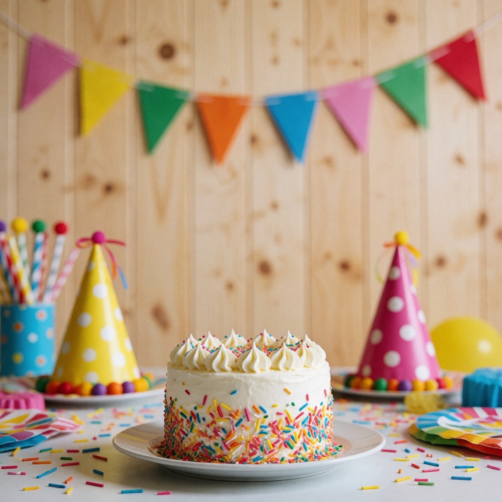 Un gâteau d'anniversaire aux tons pastels posé sur une surface en bois, orné de confettis et de guirlandes festives.