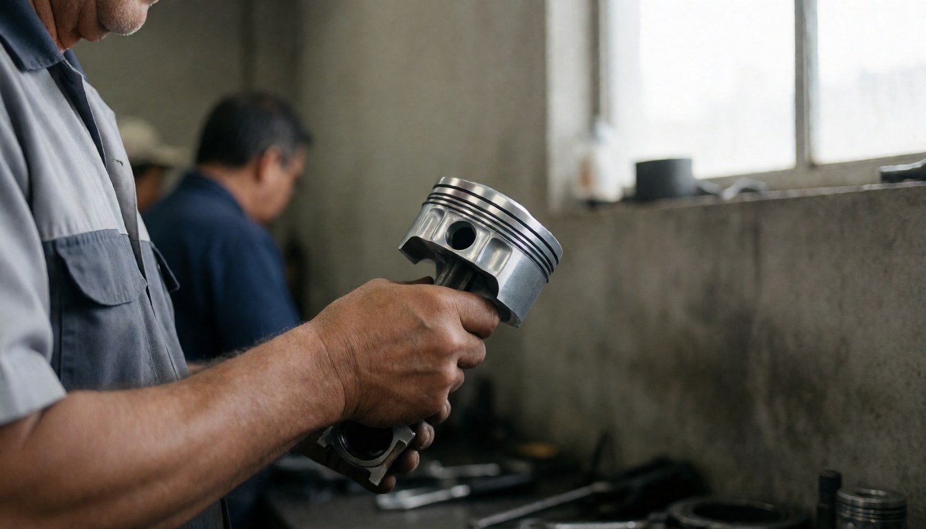 Un mécanicien professionnel inspecte un piston métallique brillant avec des anneaux installés dans un atelier éclairé par la lumière naturelle.