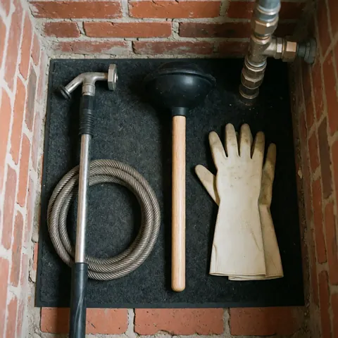 Outils de plomberie comme un déboucheur, une ventouse et des gants en caoutchouc sur un tapis noir devant un mur de briques rouges.