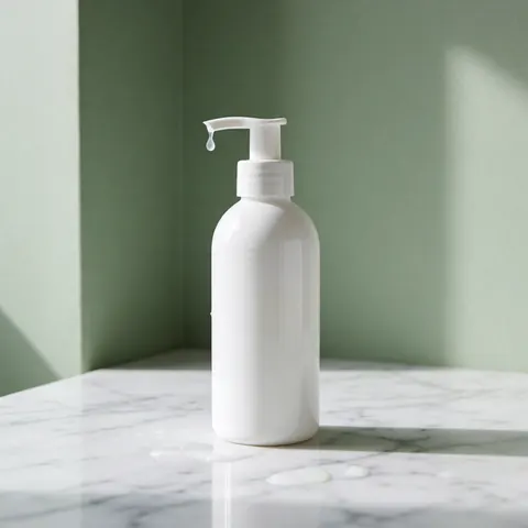 Flacon blanc d'exfoliant avec une goutte tombant sur une surface en marbre blanc et des murs verts doux.