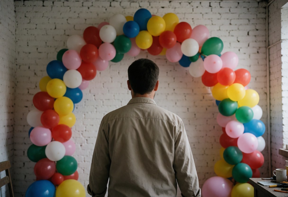 Un décorateur d'événements est vu de dos devant un arc multicolore, sur un mur de briques blanches avec une lumière douce et professionnelle.