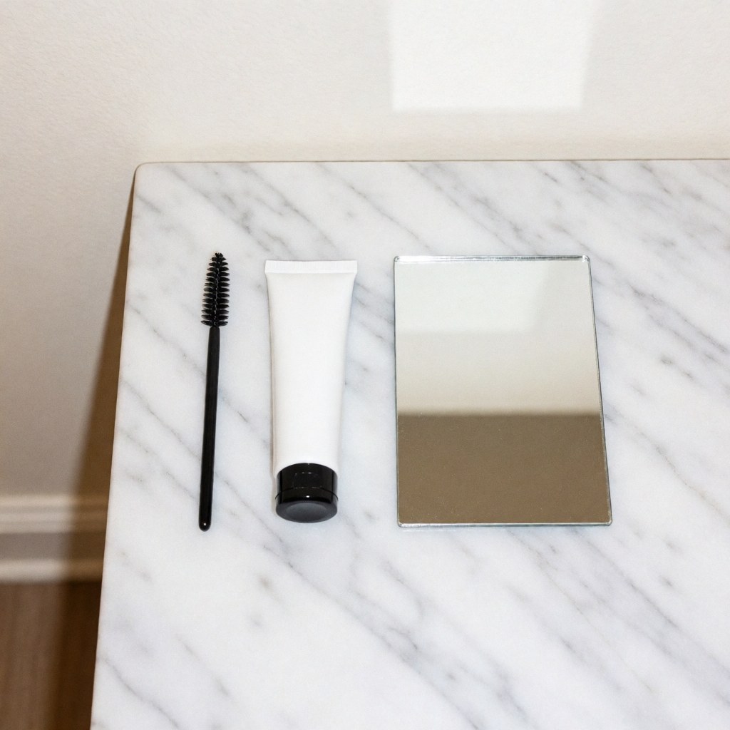 Kit de lamination des sourcils avec pinceau, tube et miroir sur marbre blanc pour services beauté mariage.