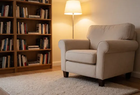 Un fauteuil beige confortable posé sur un tapis blanc, près d'une étagère en bois remplie de livres et éclairé par une lampe de sol. Ambiance chaleureuse et accueillide pour la lecture.