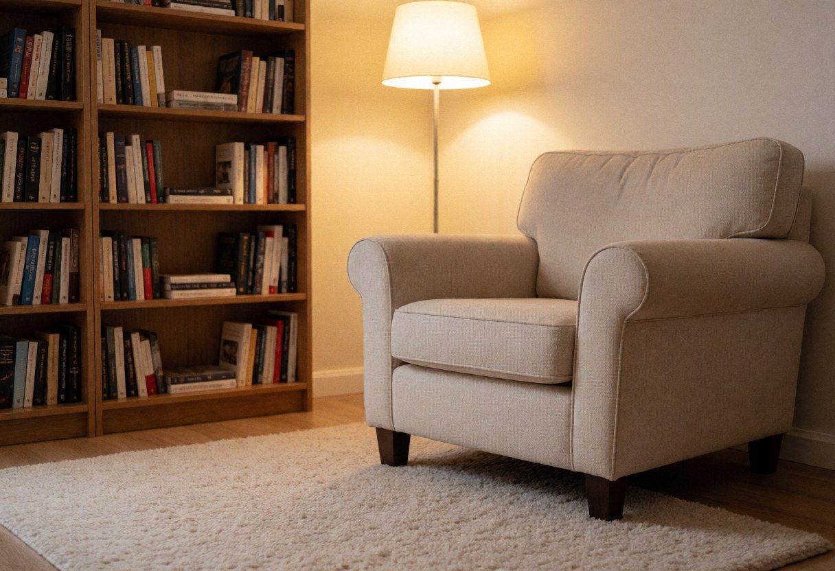 Un fauteuil beige confortable posé sur un tapis blanc, près d'une étagère en bois remplie de livres et éclairé par une lampe de sol. Ambiance chaleureuse et accueillide pour la lecture.