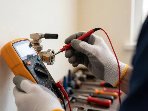 Un technicien en gants utilise un multimètre pour vérifier le voltage d'une vanne de gaz sur un établi avec des outils, devant un mur blanc.