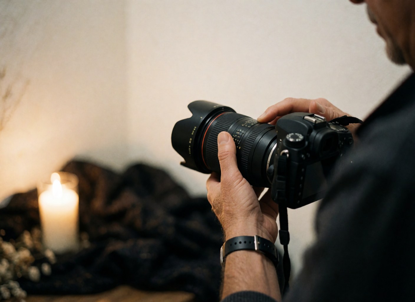 Une main ajuste la bague de mise au point d'un objectif de caméra professionnel, posé sur un fond de velours sombre avec des bougies pour un éclairage chaleureux.