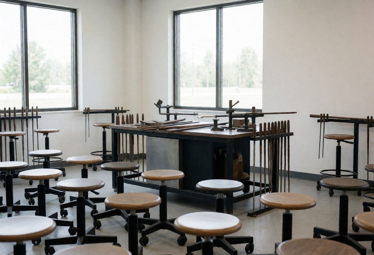 Intérieur d'un atelier de vidrerie vide comprenant des chaises pivotantes, des outils sur une table centrale, de grandes fenêtres et des murs blancs.