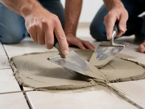 Détail de ciseaux en train d'appliquer un joint beige entre des carreaux de céramique blancs, mettant en évidence la texture et l'outil utilisé pour la pose.