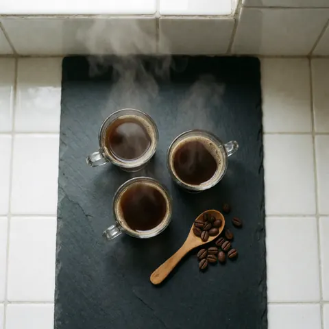 Trois tasses de café noir fumant posées sur une surface en pierre noire, accompagnées d'une cuillère en bois et de grains de café sur un carrelage blanc.