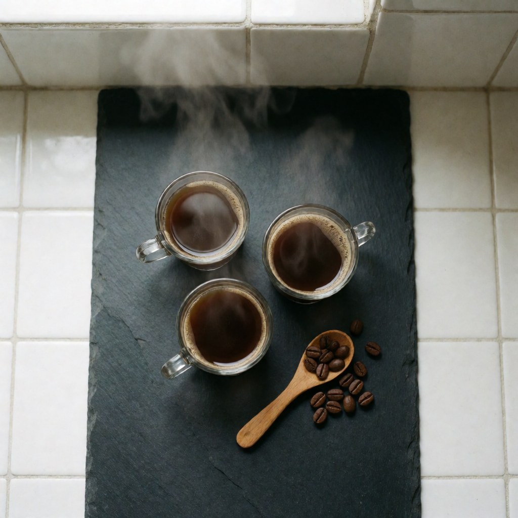 Trois tasses de café noir fumant posées sur une surface en pierre noire, accompagnées d'une cuillère en bois et de grains de café sur un carrelage blanc.