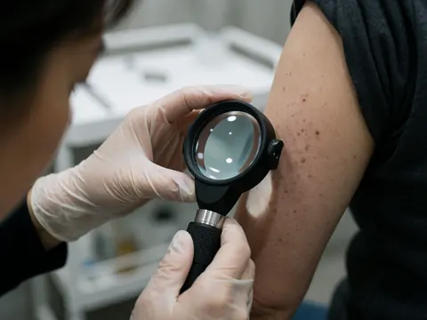 Un dermatologue portant des gants examine des taches cutanées sur un bras à l'aide d'une loupe, sur un fond médical flou avec une texture de peau visible.
