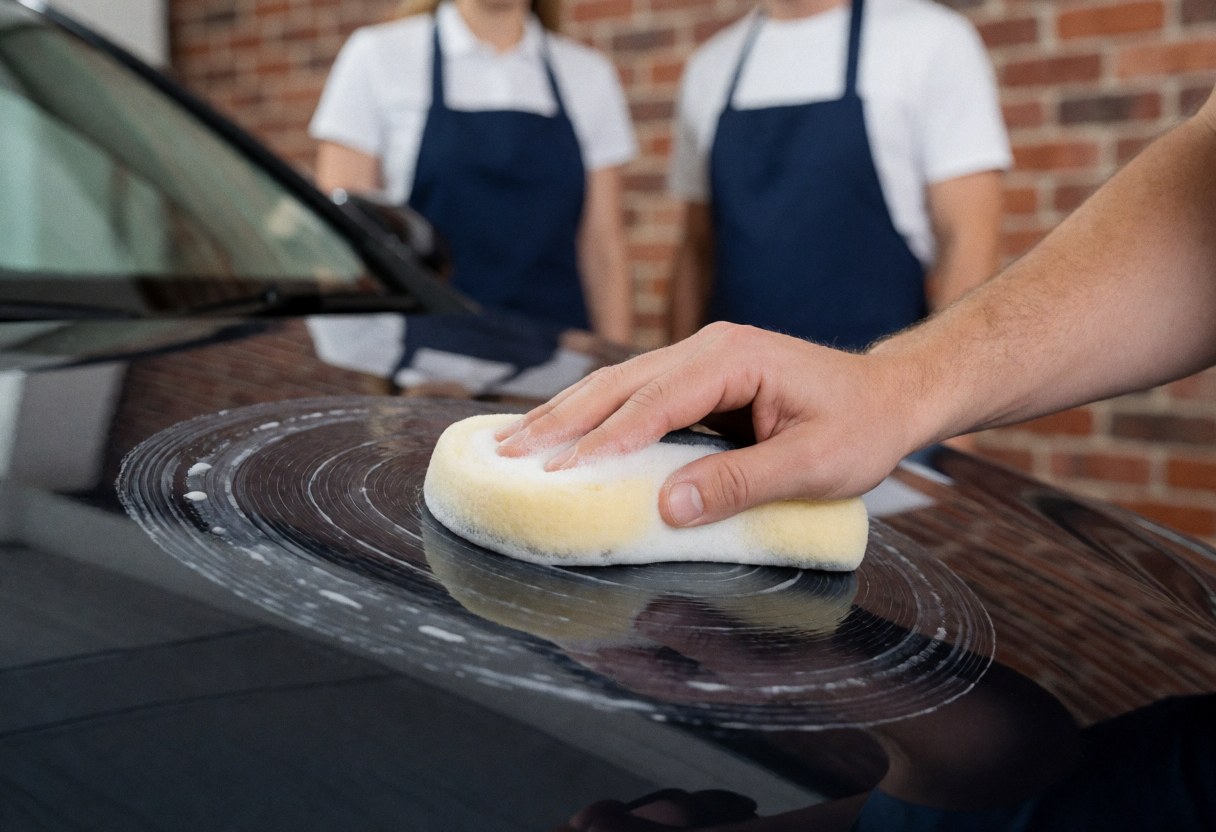 Une main utilise un chiffon en mousse pour appliquer de la cire en cercles sur le capot noir. En arrière-plan flou, des murs de briques et deux silhouettes observent.