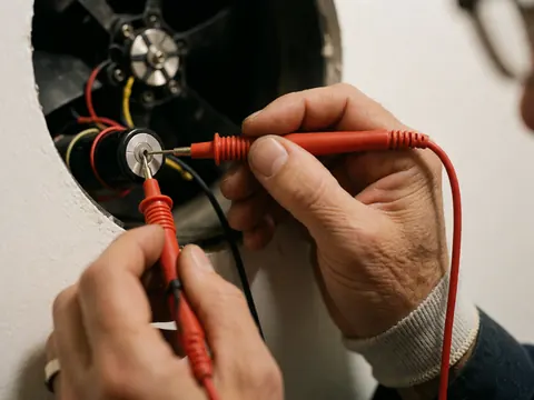 Premier plan des mains d'un technicien utilisant un multimètre sur un composant électronique de ventilateur, avec outils et éclairage professionnel.