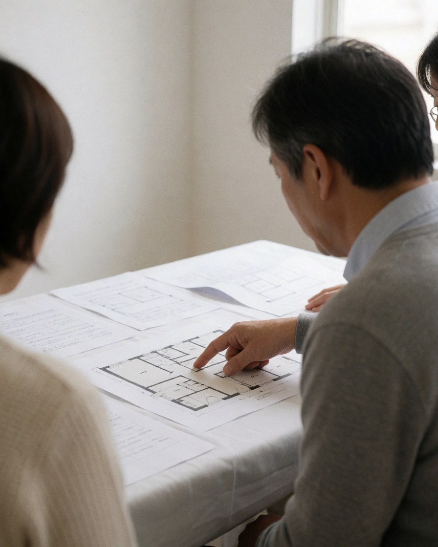 Une cliente examine avec un professionnel les plans de mobilier posés sur une table blanche, entourée de documents dans un intérieur baigné de lumière naturelle.