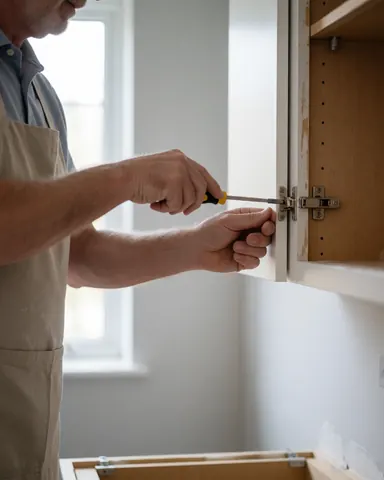 Un technicien en train d'ajuster une porte d'armoire de cuisine à l'aide d'un tournevis, dans un intérieur aux murs gris clair éclairé par la lumière naturelle.