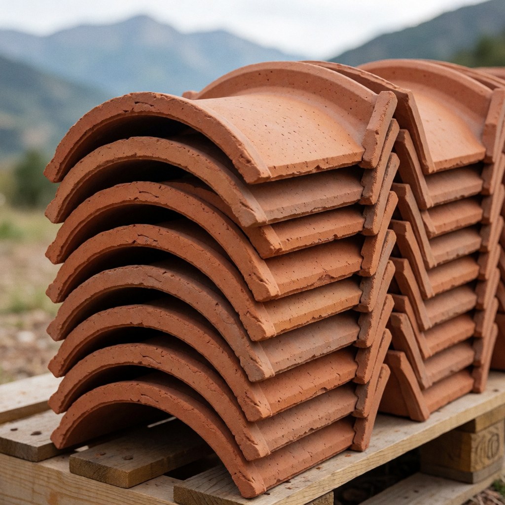 Tuiles courbes en terre cuite empilées sur une palette en bois avec des montagnes douces en arrière-plan, idéal pour la construction et le design architectural traditionnel.