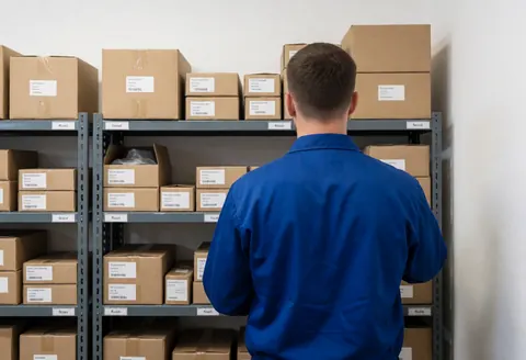 Un technicien de réparation d'appareils examine des cartons de rechange dans un entrepôt bien éclairé avec des étagères organisées et des étiquettes visibles.